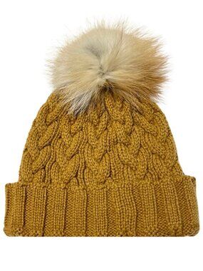 Adrienne Landau Cable Knit Beanie with Fox Fur Pom in Caramel